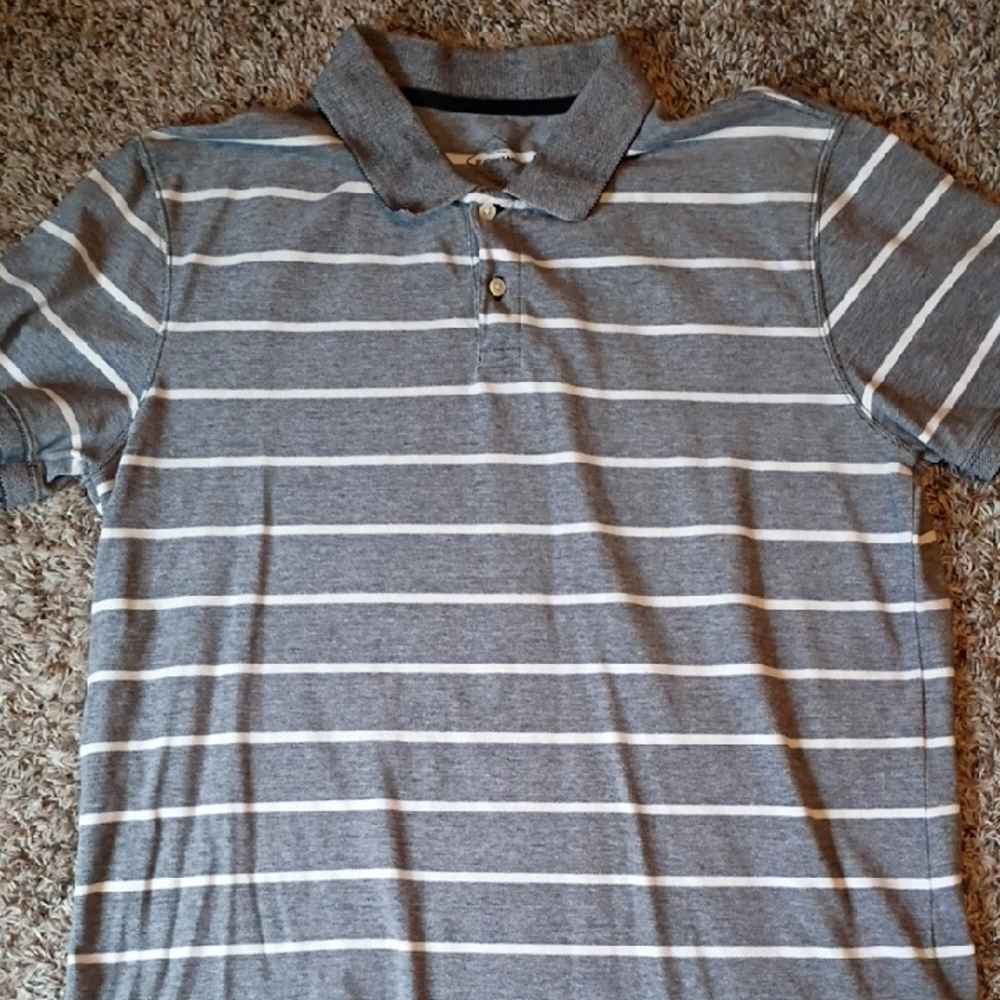 St. John's Bay Gray and White Striped Polo Shirt